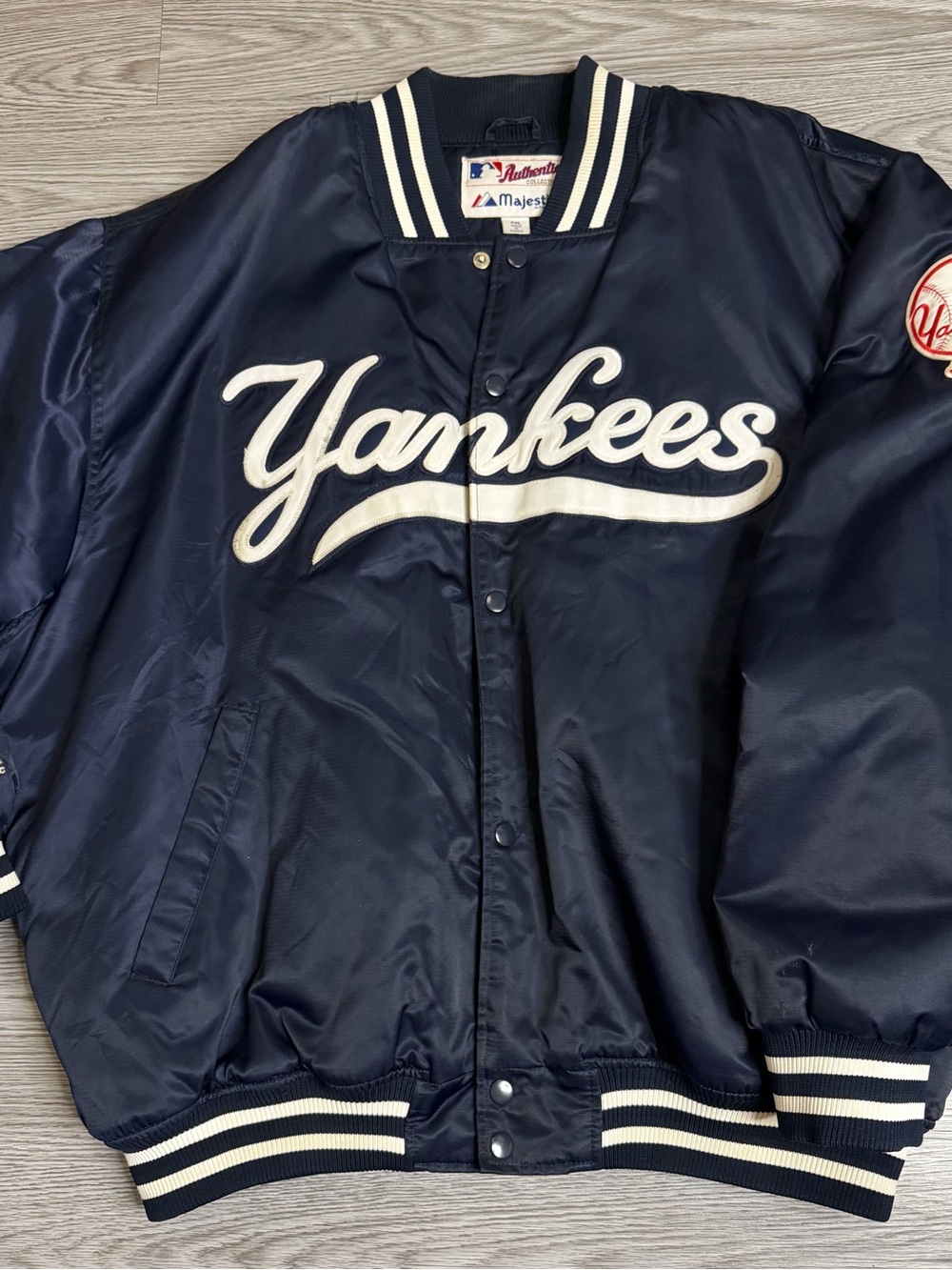 Majestic New York Yankees Satin Bomber Jacket Men's Sz XXL Navy Blue Snap VTG